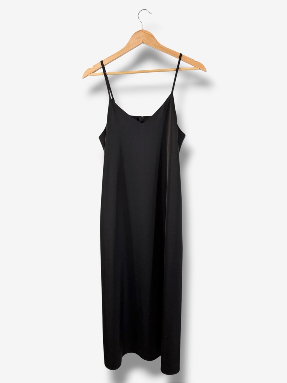 GU Black Satin Slip Midi Dress Size S Split Back Pocket Button Accent Minimalist